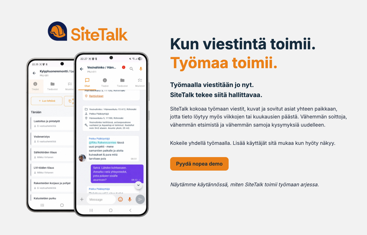 SiteTalk-sovellus työmaan viestinnän ja tehtävien hallinnassa